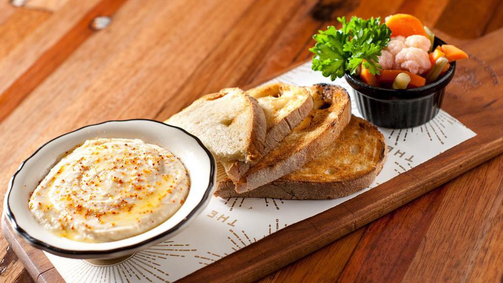 White Bean Hummus · Toasted country white, pickled vegetables.