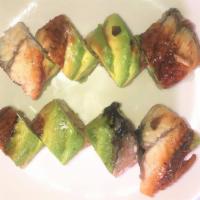 Bahama Roll (8) · Shrimp tempura, avocado, top: eel, avocado, with eel sauce and spicy mayonnaise.