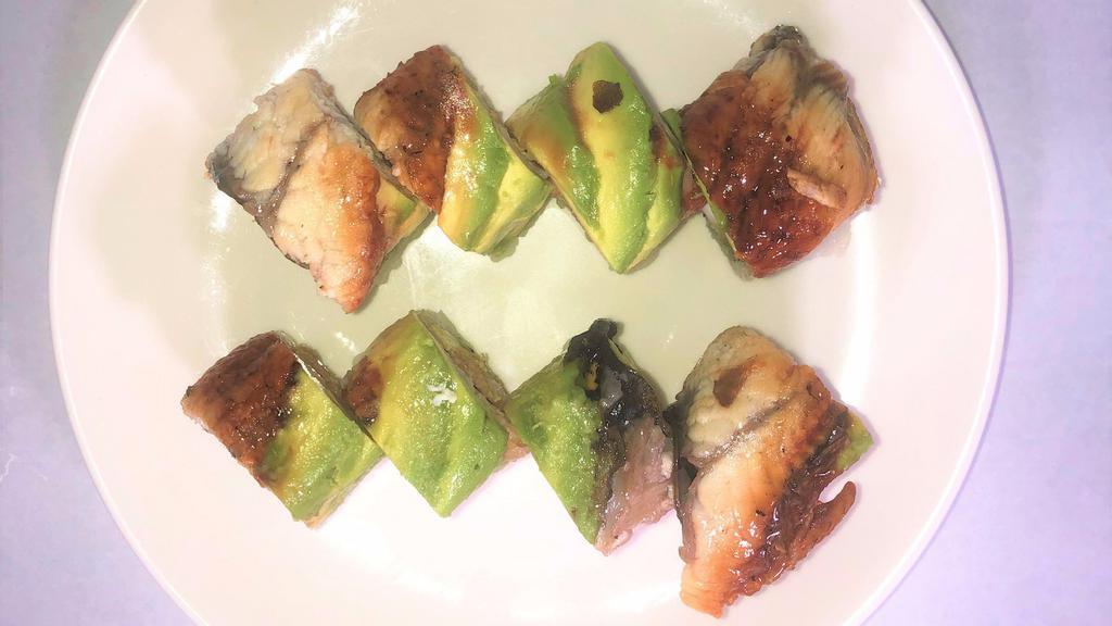 Bahama Roll (8) · Shrimp tempura, avocado, top: eel, avocado, with eel sauce and spicy mayonnaise.