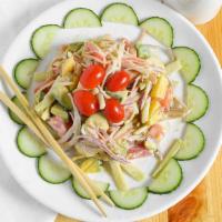 Sashimi Salad · Tuna, salmon, yellowtail, shrimp, crab meat, avocado, onion, mango, cucumber with lemon mayo...