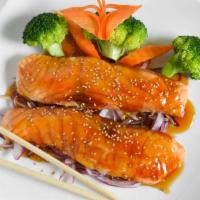 Salmon Teriyaki (Large) · With onion, broccoli, carrots, miso soup, and white rice.