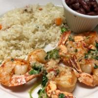 Camarones Al Ajillo Con Arroz, Frijoles · Pan seared shrimp with garlic and cilantro with rice, beans