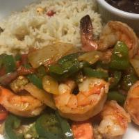 Camarones Enchilados · Shrimp & sautéed jalapeño, green and red peppers with rice, beans