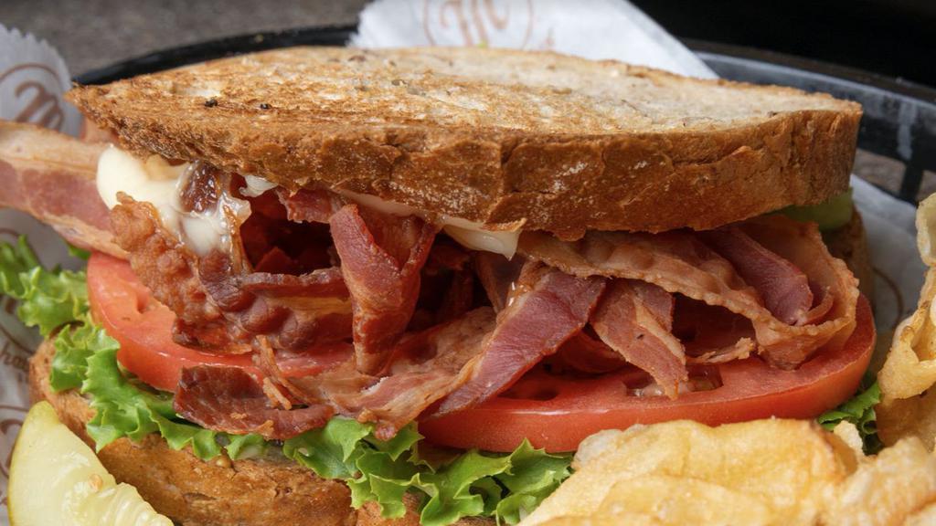 Blt · YOUR CHOICE OF BAGEL, BACON, LETTUCE, TOMATO, MAYO AND A CHOICE OF COLESLAW OR MACARONI SALAD.