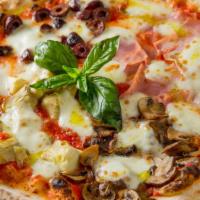 Quattro Stagioni Pizza · Tomato sauce, homemade fresh mozzarella cheese, Italian ham, artichoke, mushrooms, black oli...
