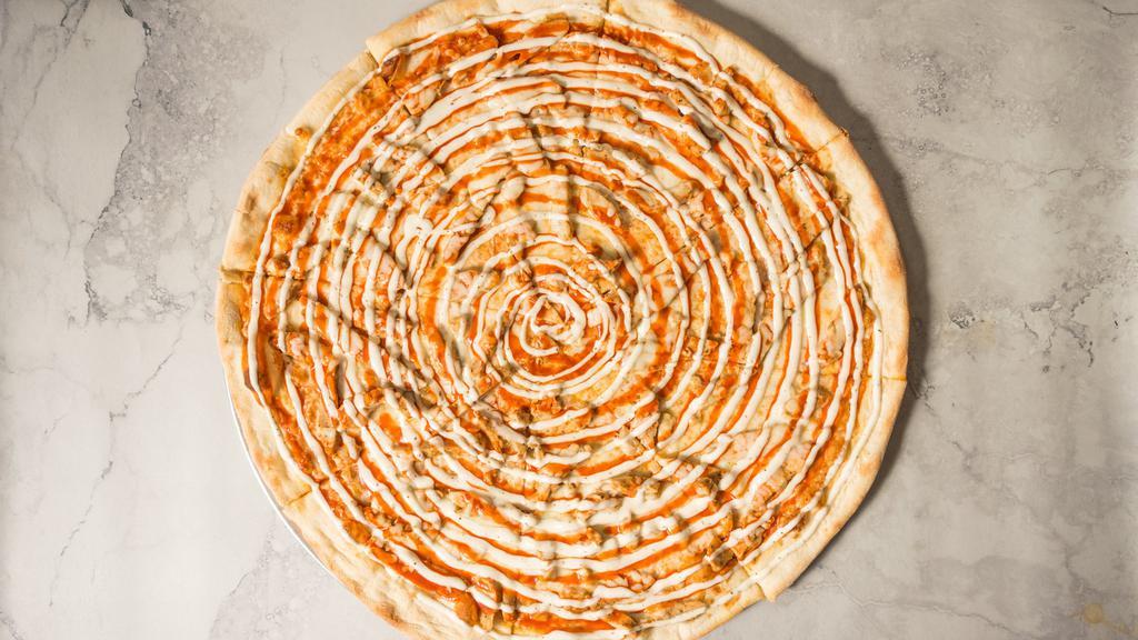 Blazing Buffalo Chicken Pizza 12'' · Buffalo Chicken Chunks, Drizzled with our homemade  Buffalo Sauce and Ranch Dressing.