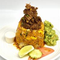 Birria Fried Rice · fried rice saute with fresh garlic , onion, tomatoes topped with seasoned shredded beef  meat