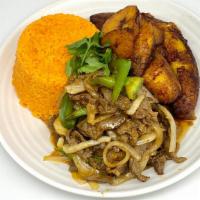 Over Rice With Maduros · your choice of meat sauteed with onion and bell pepper served over rice with fried sweet pla...