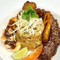 Regular Fried Rice With Maduros In Mole Sauce · your choice of meat stir fry with fresh garlic , onion, scallion, bean sprouts and tomato wi...
