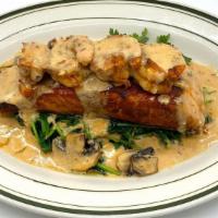 Salmon&Shrimp Creamy Chipotle Sauce · with saute spinach and mushroom served with rice, bean and, tortillas.