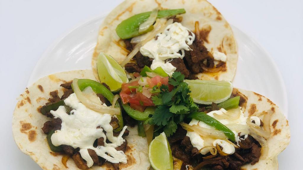 3 Bistec Tacos Alambre Combo · On flour tortillas with onion pepper and melted Oaxaca cheese