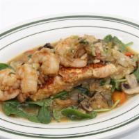 Salmon & Shrimp Al Ajillo · in a fresh garlic butter sauce, with spinach and mushroom. Served with rice, beans, and tort...