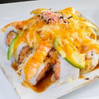 Osaka Roll · Spicy crab, fried shrimp, avocado inside with steamed shrimp and mozzarella cheese on top se...