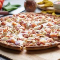 Creamy Garlic Chicken Pizza · This pizza has our signature creamy garlic sauce, fresh diced mozzarella cheese, fresh mushr...