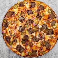 Spicy Lamb Kabob Pizza Twist · This pizza has our signature Tandoori sauce, fresh diced mozzarella cheese, sliced lamb, cri...