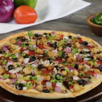 Halal Mediterranean Combo Pizza Twist · This pizza has our signature tandoori sauce, fresh diced mozzarella cheese, halal chicken, s...