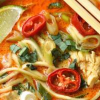Red Curry Noodle · Rice noodle in red curry with eggplant, bamboo shoot & basil.