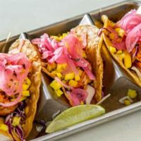 Shrimp · Grilled, chipotle, agave, pickled onion, mango-serrano salsa