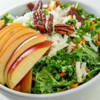 Kale Salad · Roasted squash, candied pecan, apple manchego, sherry dressing.
