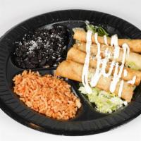 Taquitos · Four Crispy Corn Taquitos, Rolled with Chicken and Cheese Inside,  Topped with Lettuce, Sour...