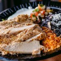 Fajitas · Choice of any Meat with Veggie Mix (Grilled Onions & Peppers) Served with Rice, Beans, Pico ...