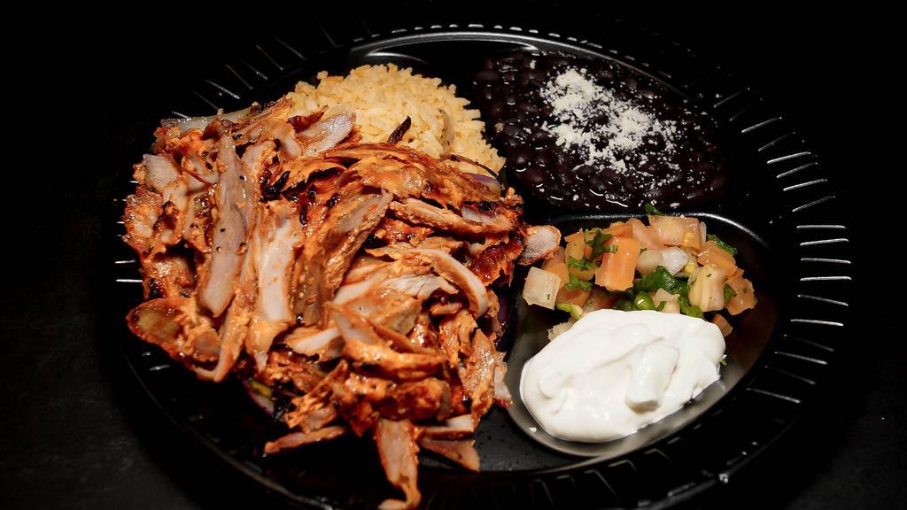 Plato De · Choice of Al Pastor or Carnitas, Served with Rice, Beans, and Tortillas.