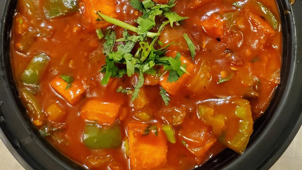 Chilli (Sauteed Bell Peppers & Onions) · Your Choice sautéed with chilies, bell pepper and onions. Served with basmati rice & raita.