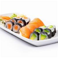 Salmon Deluxe · 4 pcs of Nigiri, 2 pcs of Sashimi, Nori Maki Salmon Roll, Nori Maki Avocado Roll
