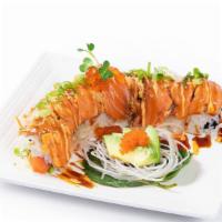 Salmon Lover Roll · Salmon, Avocado, Topped with Torched Salmon, Ikura, Green Onion, Spicy Mayo, Sushi Sauce & S...