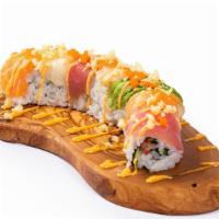 Rainbow Roll · Imitation Crab Cucumber, Avocado Topped with Shrimp, Tuna, Salmon, Yellowtail, White Tuna.