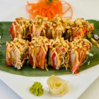 Lobster Roll · Spicy Lobster Salad, Cucumber, Avocado, Masago Topped with Imitation Crab, Spicy Mayo, Sushi...