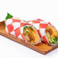 Star Burrito · Tempura Shrimp, Imitation Crab Salad, Lettuce, Carrot, Avocado, Cucumber, Tempura Batter, Sp...