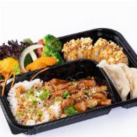 Kitchen Bento Box · White rice + California Roll + 2pcs Dumpling + House Salad + Miso Soup