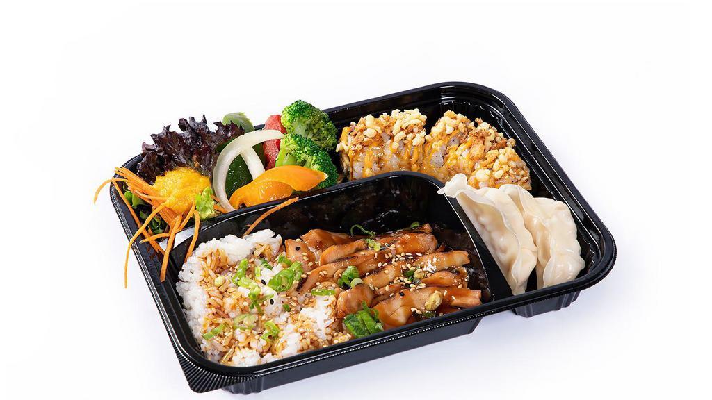 Kitchen Bento Box · White rice + California Roll + 2pcs Dumpling + House Salad + Miso Soup