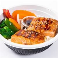 Hot Bowl Teriyaki Salmon · White Rice with Broccoli, Carrot, Pepper, Onion