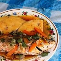 Steam Snapper Fish & Festival · Steamed with carrot, broccoli, okra, bell peppers