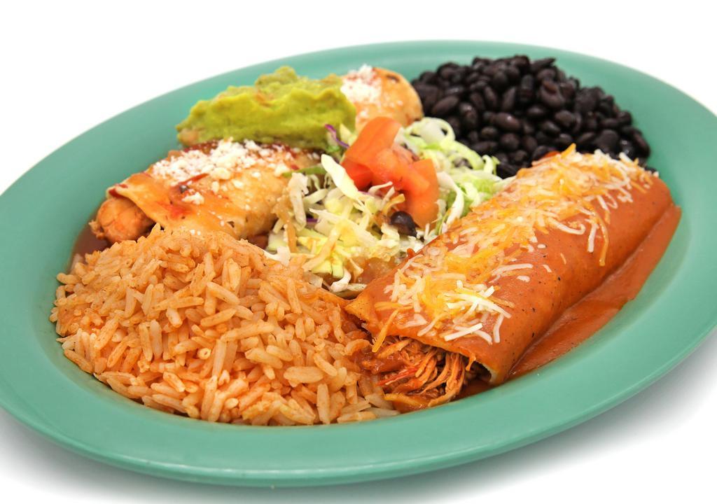 Enchiladas (2) · Choice of cheese, chicken adobo, shredded chicken, ground beef, kalua pork, al pastor pork, steak, fish or shrimp. Verde - Green Chile Sauce with Mixed Cheese. Roja – traditional red sauce with mixed cheese.