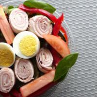 Chef Salad · Mixed greens, turkey, ham, swiss cheese, tomato, cucumber, carrots, boiled egg, Russian dres...