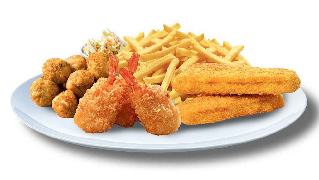 Captain Tex'S Delightful Catch · Captain Tex's Delightful Catch includes 3 Fried Shrimp, 6 Crabby Cakes, 2 Cod Wedge, Cole Slaw, French Fries,  a Lime and Beverage.