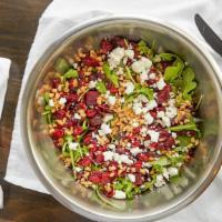 The Upbeat · Baby arugula, goat cheese, dried cranberries, walnuts and fresh roasted beets in a balsamic ...