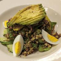 Green Goddess · 610 cal. farro, quinoa, hard-boil egg, baby spinach, avocado, pickled red onions, cucumber, ...