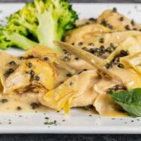 Entrée Piccata · Pan-seared chicken or veal scallopini Sautéed with capers, scallions, and artichoke hearts i...