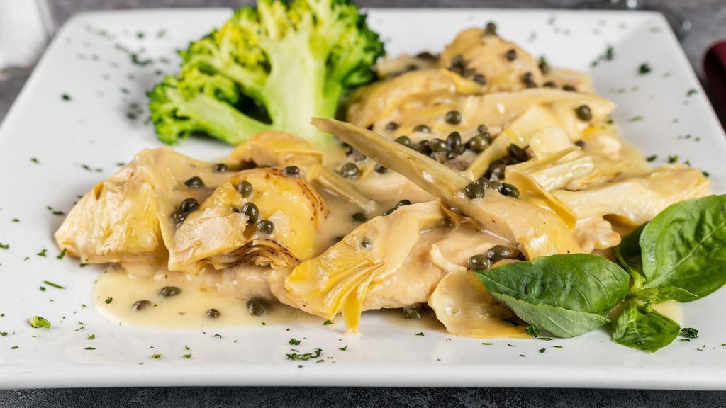 Entrée Piccata · Pan-seared chicken or veal scallopini Sautéed with capers, scallions, and artichoke hearts in a light white wine, lemon, and butter sauce.