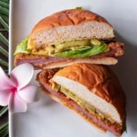 Katsu Sando · breaded and fried berkshire pork cutlet on King’s Hawaiian bun with pickled red cabbage & ka...