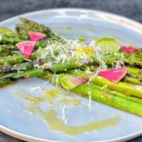 Lemon Grilled Asparagus · radish, vegan parmesan
