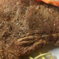 Surf & Turf · Hanger steak, shrimp, mashed potatoes, spinach, white wine lemon-caper sauce