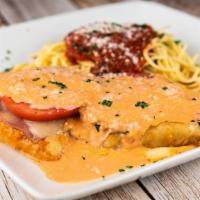 Chicken Sorrentino · Layered with eggplant, prosciutto mozzarella, and fresh tomatoes in a pink sauce.