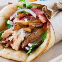 Yiotis Way · spitfired chicken, tomato, red onions & parsley, a few fries & traditional tzaziki