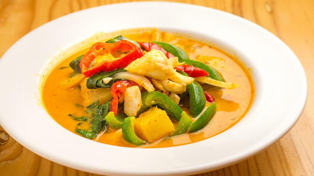 Uncle New'S Crab Curry · House made yellow curry sauce, coconut milk, pepper, onion, and pineapple.