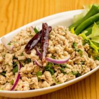 Larb Gai · Northern Thai minced chicken salad, shallot, mint, chilli, and toasted rice. Spicy.